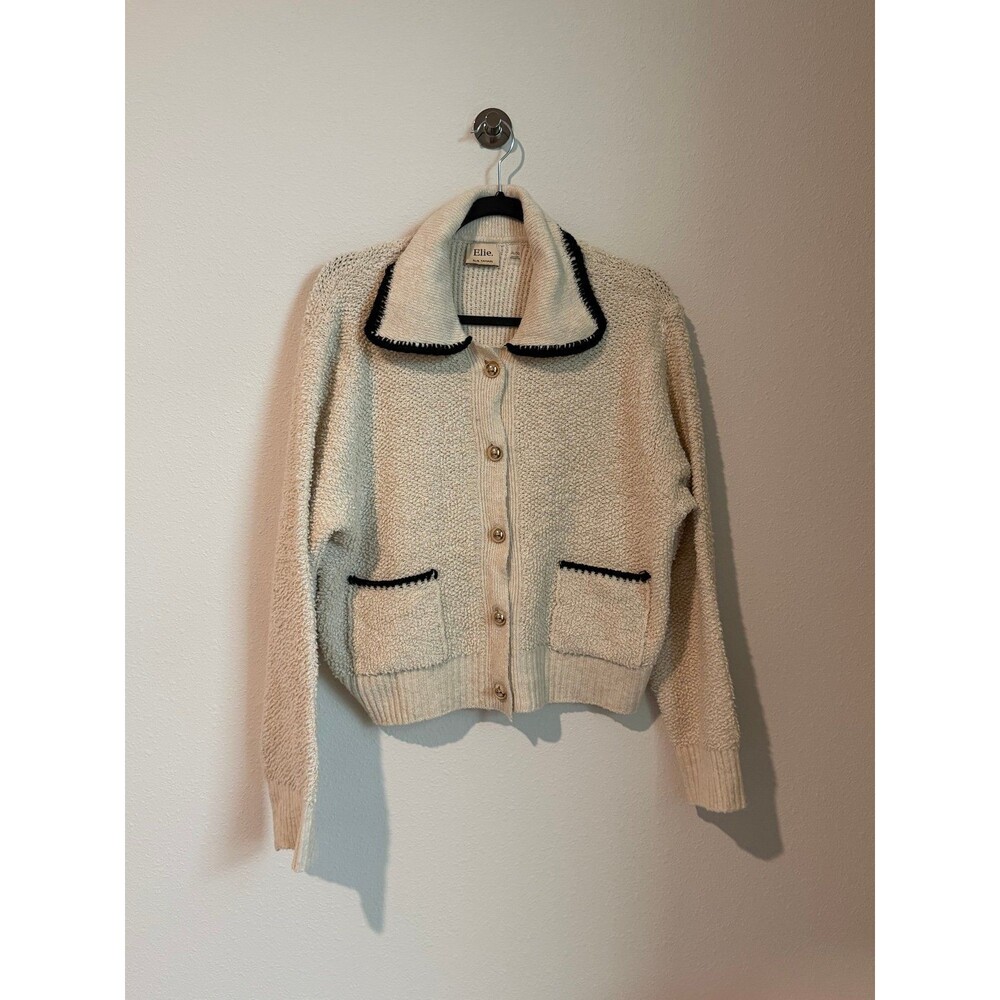 Elie Tahari Button Down Cardigan in Beige with Black Trim and Gold Buttons XL
